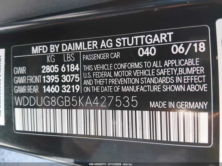 2019 Mercedes-Benz S 560 4Matic VIN: WDDUG8GB5KA427535 Lot: 45580272
