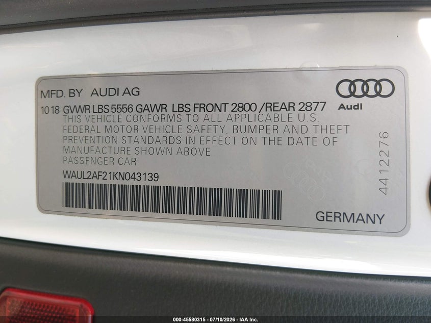 2019 Audi A6 55 Premium VIN: WAUL2AF21KN043139 Lot: 45580315