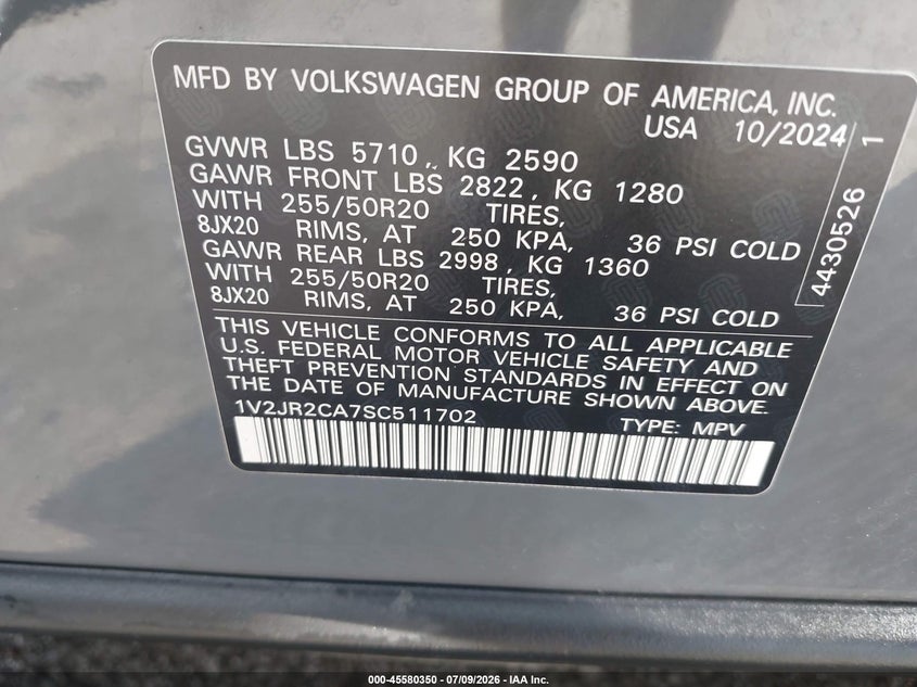 2025 Volkswagen Atlas 2.0T Se W/Technology VIN: 1V2JR2CA7SC511702 Lot: 45580350
