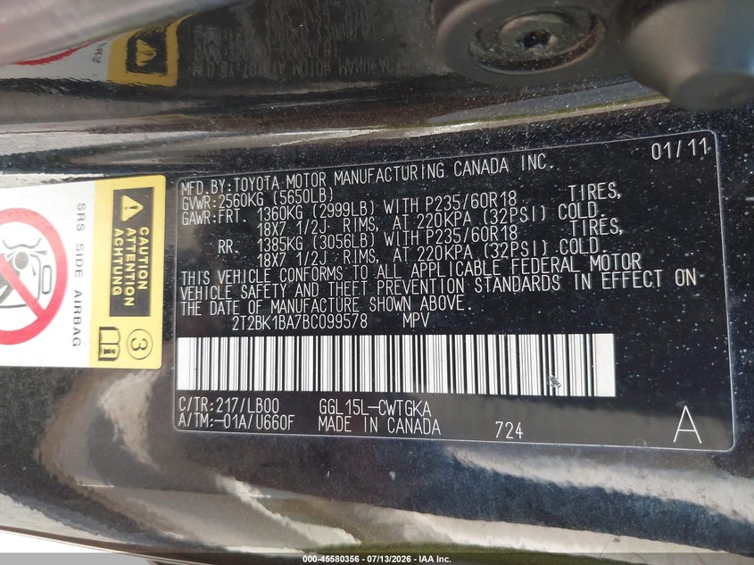 2011 Lexus Rx 350 VIN: 2T2BK1BA7BC099578 Lot: 45580356