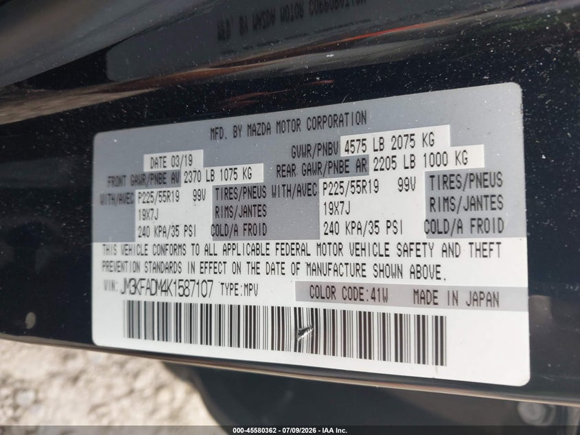 2019 Mazda Cx-5 Grand Touring VIN: JM3KFADM4K1587107 Lot: 45580362