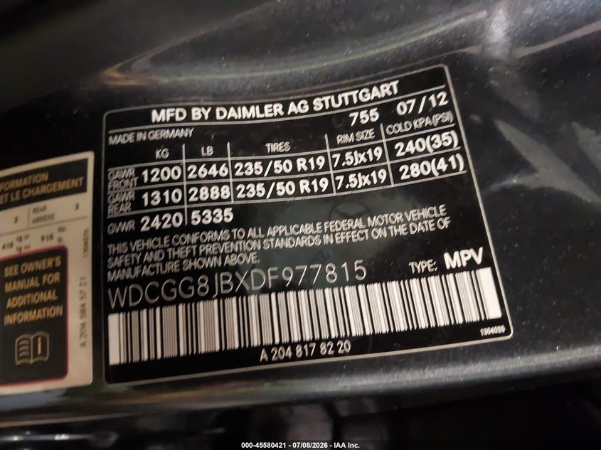 2013 Mercedes-Benz Glk 350 4Matic VIN: WDCGG8JBXDF977815 Lot: 45580421