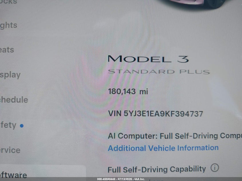 2019 Tesla Model 3 Long Range/Mid Range/Standard Range/Standard Range Plus VIN: 5YJ3E1EA9KF394737 Lot: 45580448