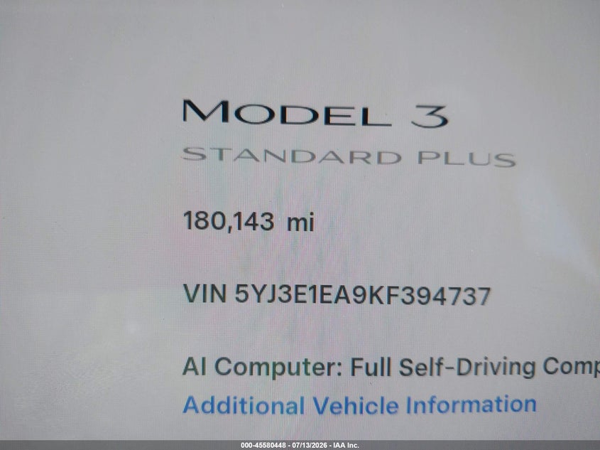 2019 Tesla Model 3 Long Range/Mid Range/Standard Range/Standard Range Plus VIN: 5YJ3E1EA9KF394737 Lot: 45580448