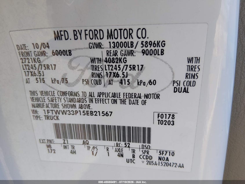 2005 Ford F-350 Lariat/Xl/Xlt VIN: 1FTWW33P15EB21567 Lot: 45580491