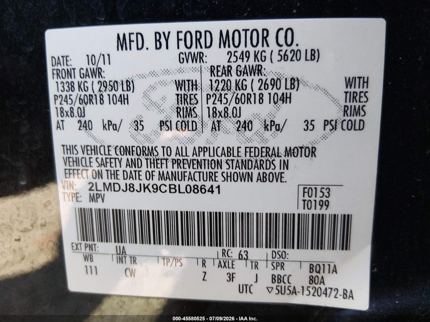 2012 Lincoln Mkx VIN: 2LMDJ8JK9CBL08641 Lot: 45580525