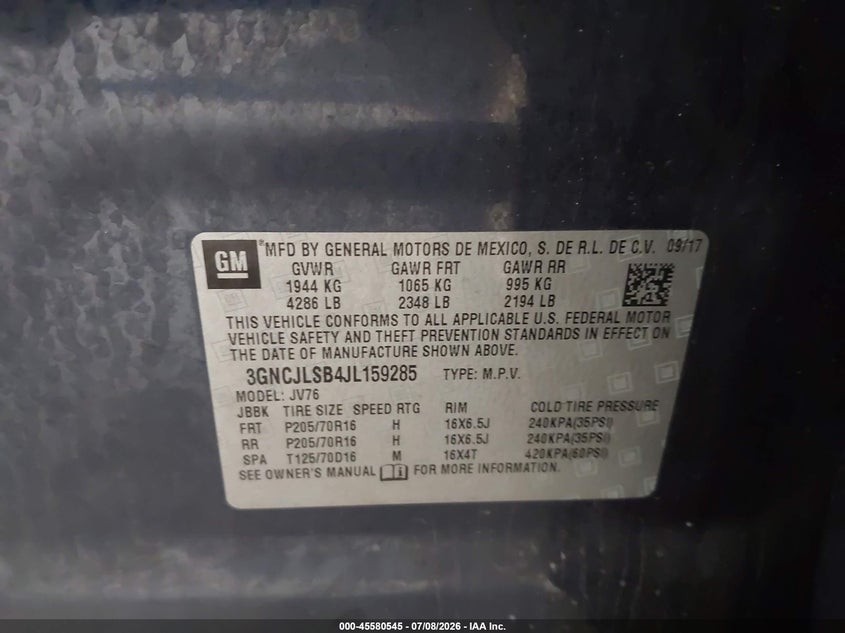 CHEVROLET TRAX 2018 VIN 3GNCJLSB4JL159285