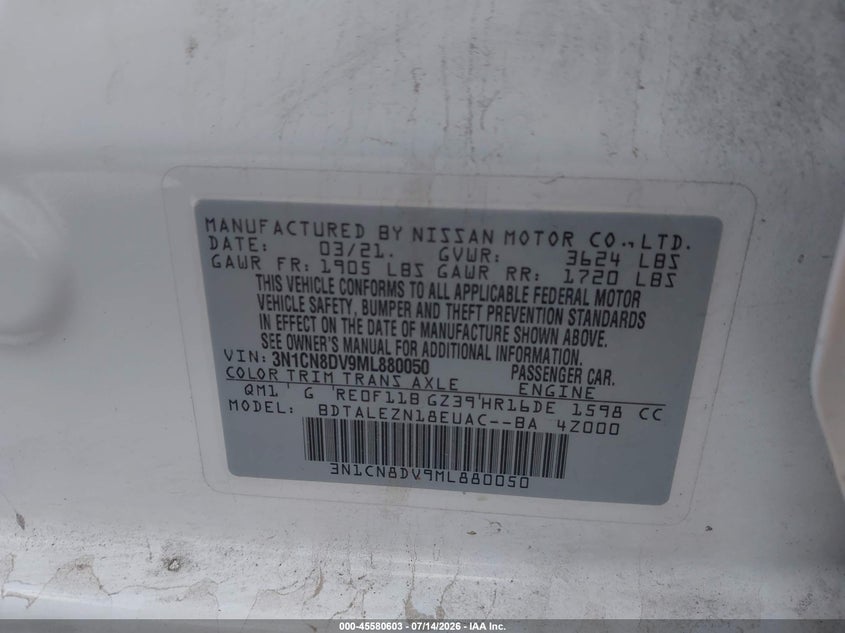 2021 Nissan Versa S Xtronic Cvt VIN: 3N1CN8DV9ML880050 Lot: 45580603