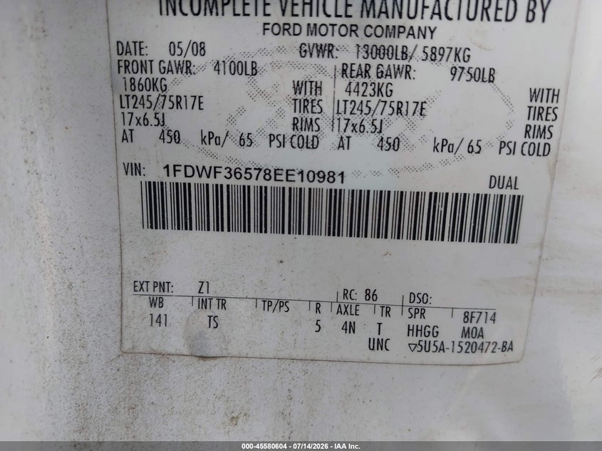 2008 Ford Super Duty F-350 Drw Xl/Xlt VIN: 1FDWF36578EE10981 Lot: 45580604