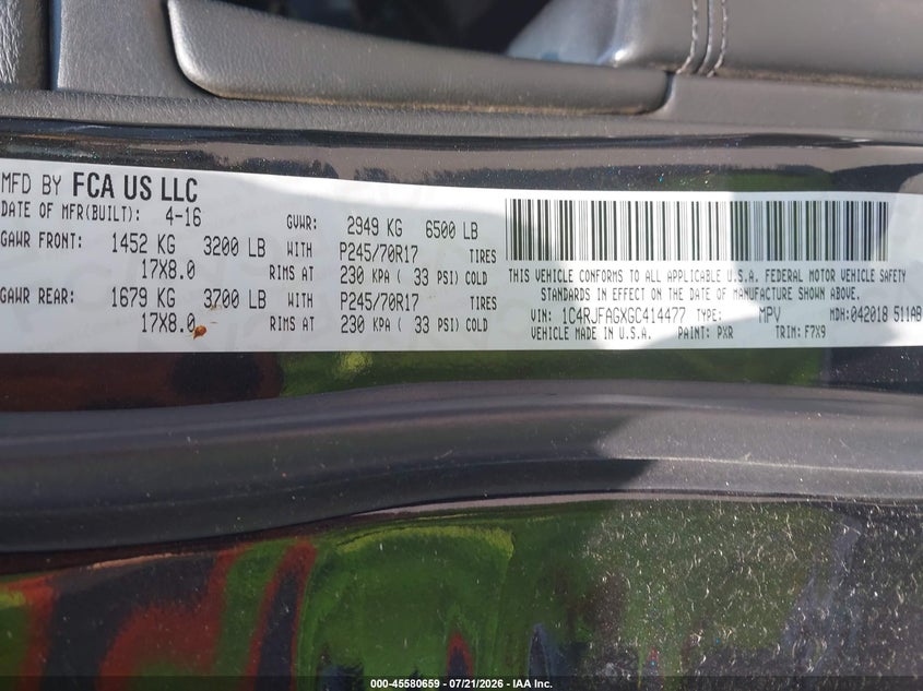 2016 Jeep Grand Cherokee Laredo VIN: 1C4RJFAGXGC414477 Lot: 45580659
