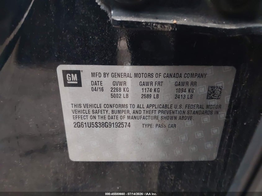 2016 Cadillac Xts W20 Livery Package VIN: 2G61U5S38G9192574 Lot: 45580660
