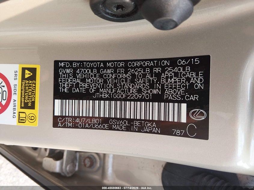 2015 Lexus Es 350 VIN: JTHBK1GG0F2209701 Lot: 45580663