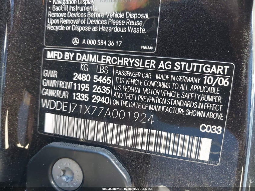 2007 Mercedes-Benz Cl 550 VIN: WDDEJ71X77A001924 Lot: 45580719