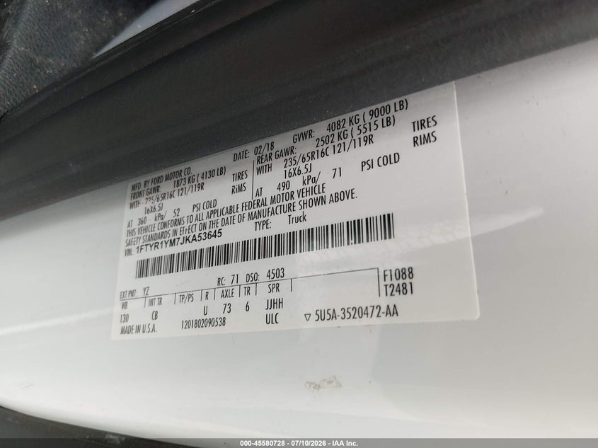 Vin: 1ftyr1ym7jka53645, lot: 46079081, ford transit-250 20184