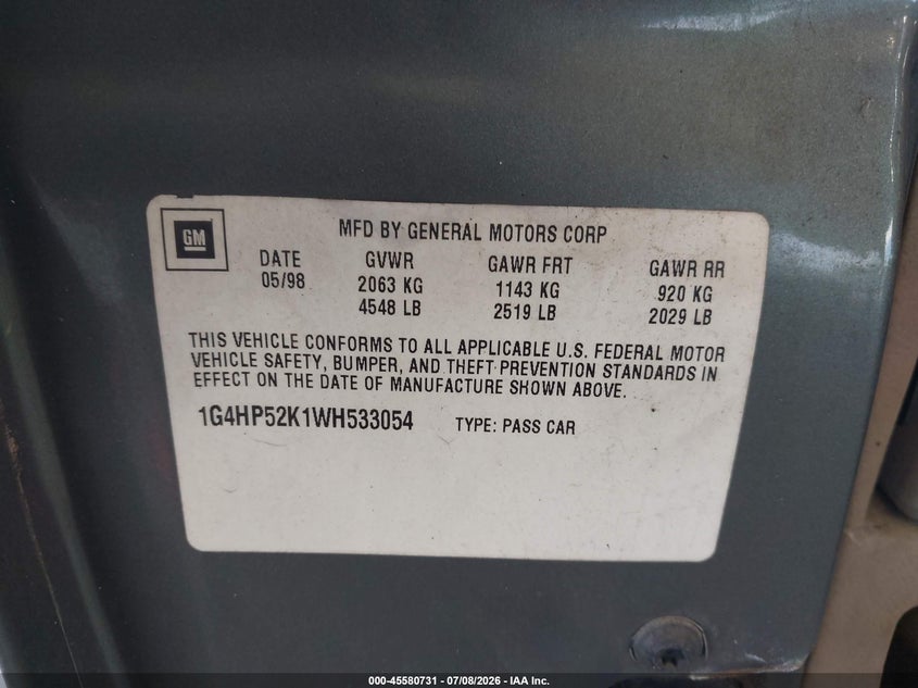 1998 Buick Lesabre Custom VIN: 1G4HP52K1WH533054 Lot: 45580731