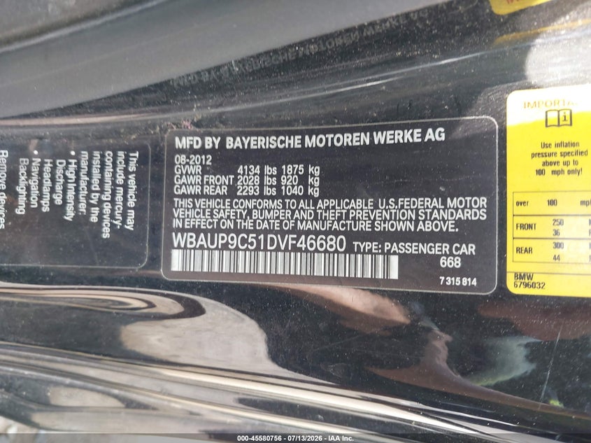 2013 BMW 128I VIN: WBAUP9C51DVF46680 Lot: 45580756
