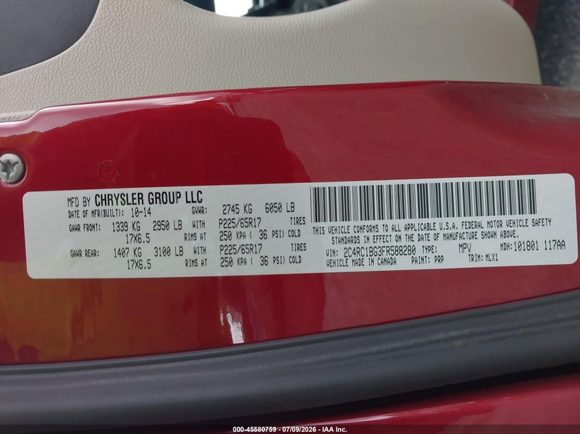 CHRYSLER TOWN & COUNTRY 2015 VIN 2C4RC1BG3FR588280