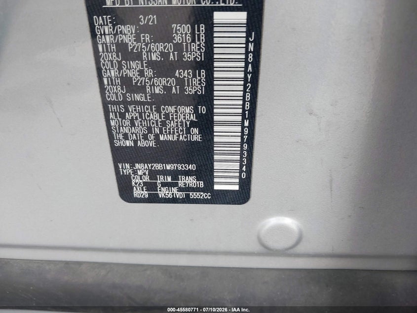2021 Nissan Armada Sl 4Wd VIN: JN8AY2BB1M9793340 Lot: 45580771