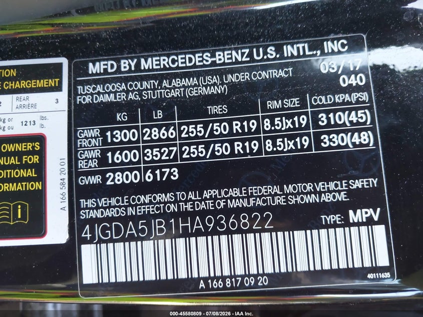 2017 Mercedes-Benz Gle 350 VIN: 4JGDA5JB1HA936822 Lot: 45580809