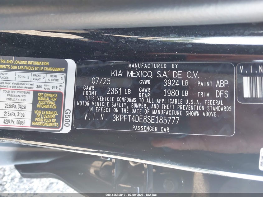 2025 Kia K4 Lxs VIN: 3KPFT4DE8SE185777 Lot: 45580819