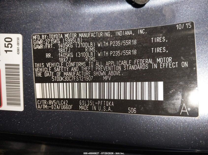 2015 Toyota Sienna Xle 7 Passenger VIN: 5TDDK3DC7FS121907 Lot: 45580827