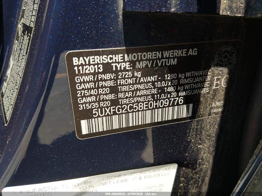 2014 BMW X6 VIN: 5UXFG2C58E0H09776 Lot: 45580829