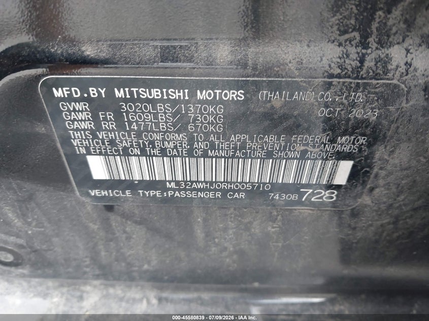 2024 Mitsubishi Mirage Black Edition VIN: ML32AWHJ0RH005710 Lot: 45580839