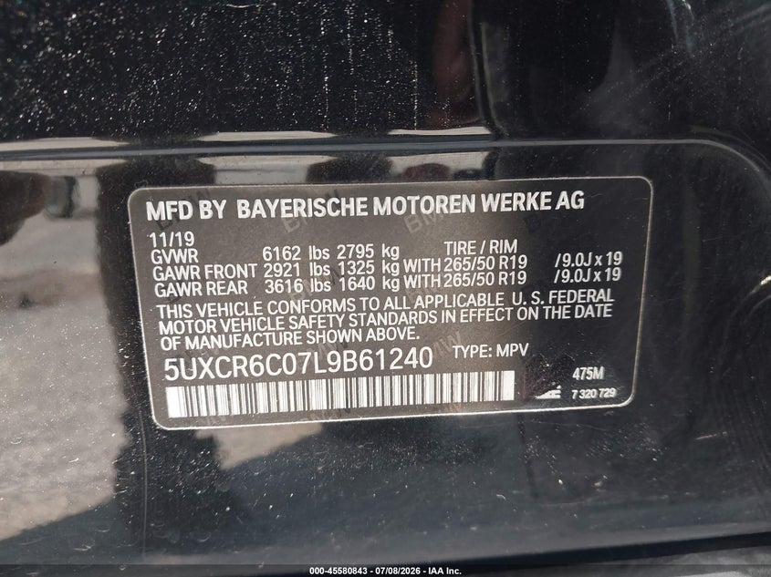 2020 BMW X5 xDrive40I VIN: 5UXCR6C07L9B61240 Lot: 45580843