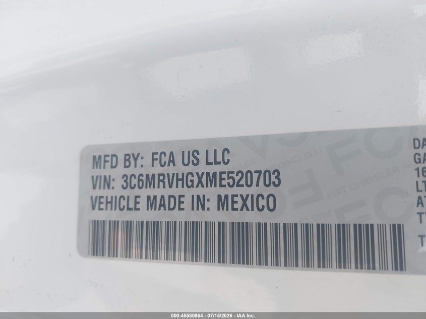 RAM PROMASTER 3500 2021 VIN 3C6MRVHGXME520703