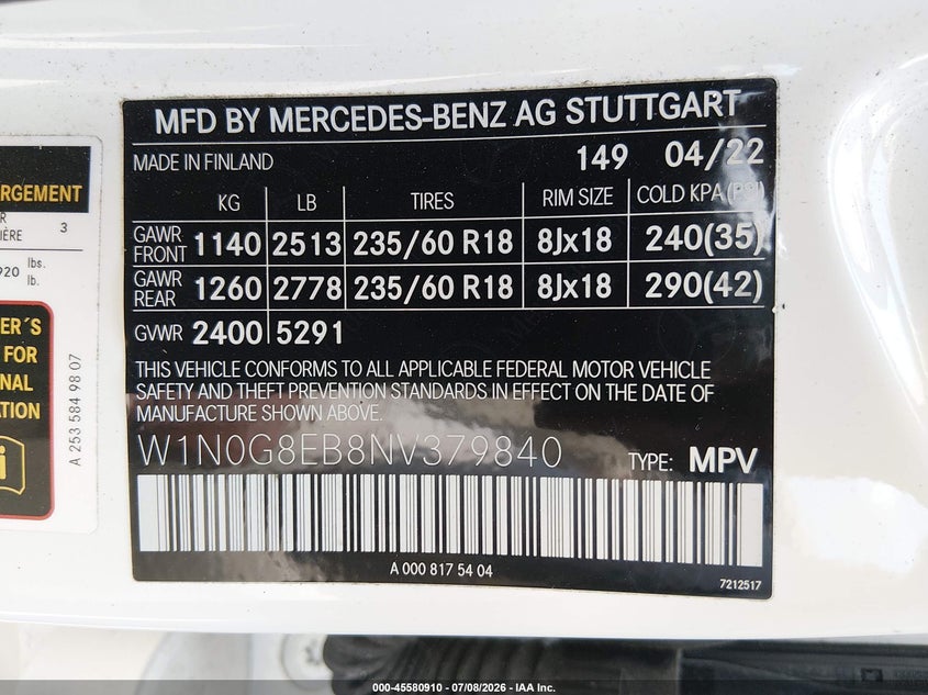 2022 Mercedes-Benz Glc 300 4Matic Suv VIN: W1N0G8EB8NV379840 Lot: 45580910