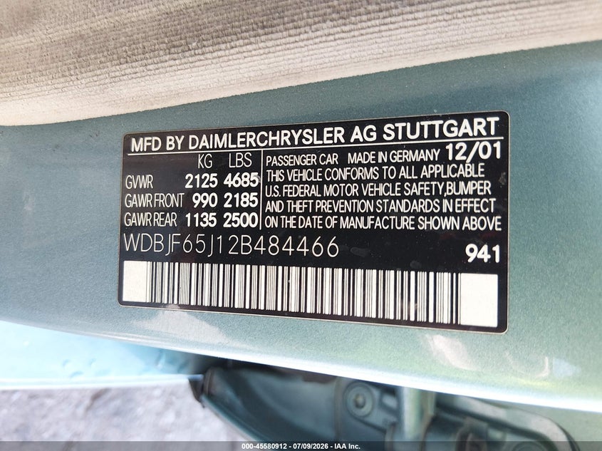 2002 Mercedes-Benz E 320 Special Edition VIN: WDBJF65J12B484466 Lot: 45580912