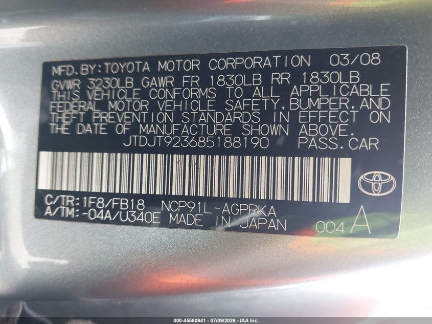 2008 Toyota Yaris VIN: JTDJT923685188190 Lot: 45580941