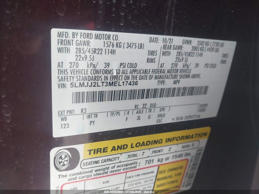 2021 Lincoln Navigator Reserve VIN: 5LMJJ2LT3MEL17436 Lot: 45580992
