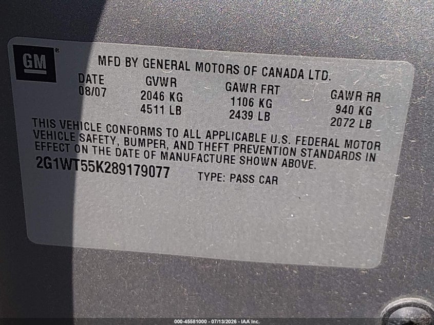2008 CHEVROLET IMPALA SEDAN 3.5L V-6 VVT, 211HP