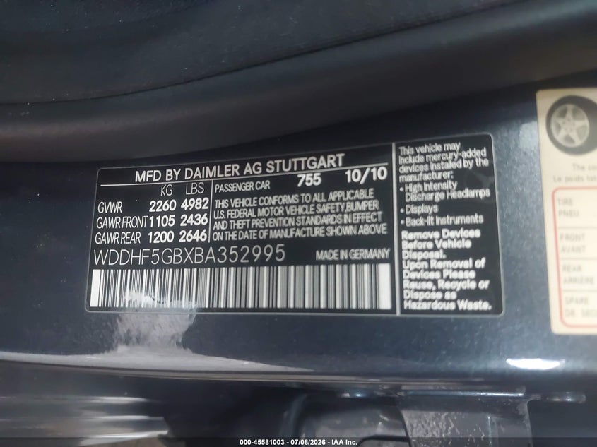 2011 Mercedes-Benz E 350 VIN: WDDHF5GBXBA352995 Lot: 45581003