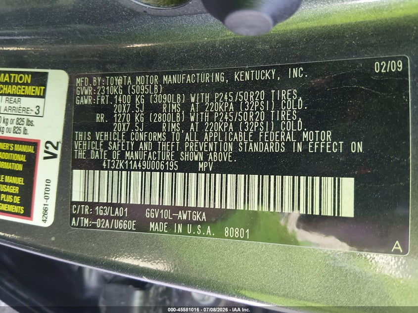 2009 Toyota Venza Base V6 VIN: 4T3ZK11A49U006195 Lot: 45581016