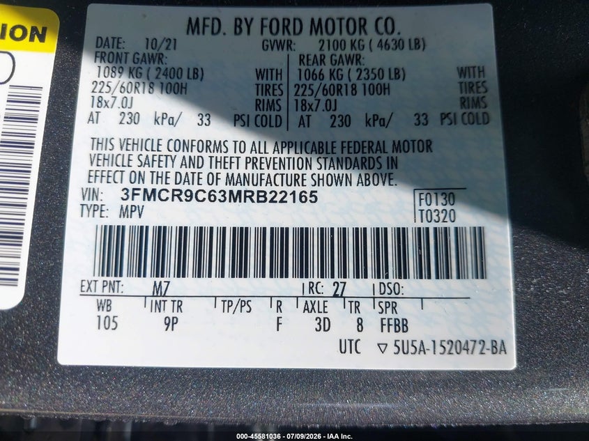 2021 Ford Bronco Sport Outer Banks VIN: 3FMCR9C63MRB22165 Lot: 45581036