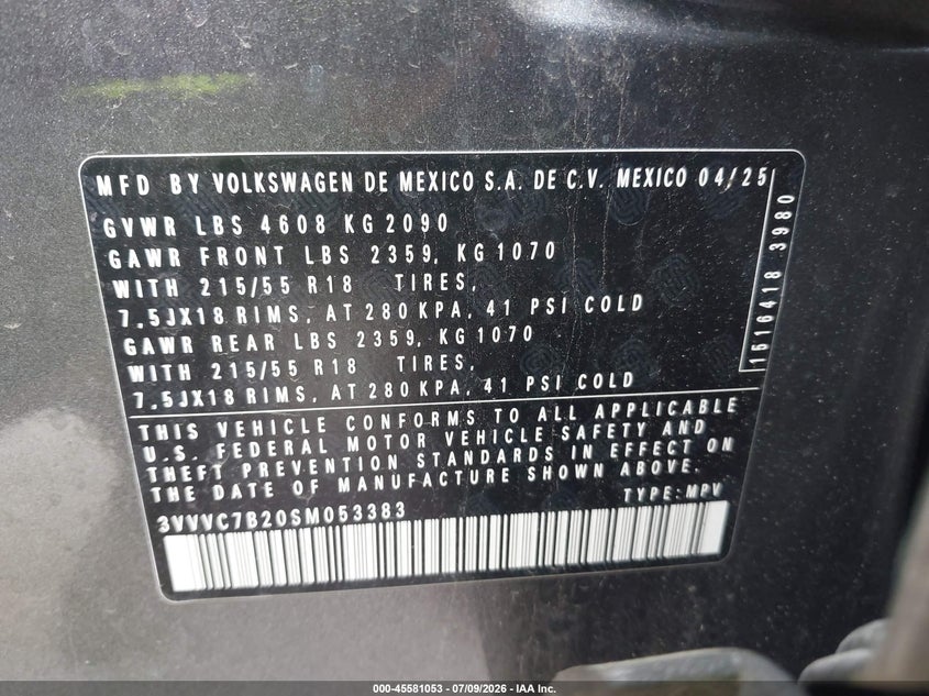 2025 Volkswagen Taos 1.5T Se VIN: 3VVVC7B20SM053383 Lot: 45581053