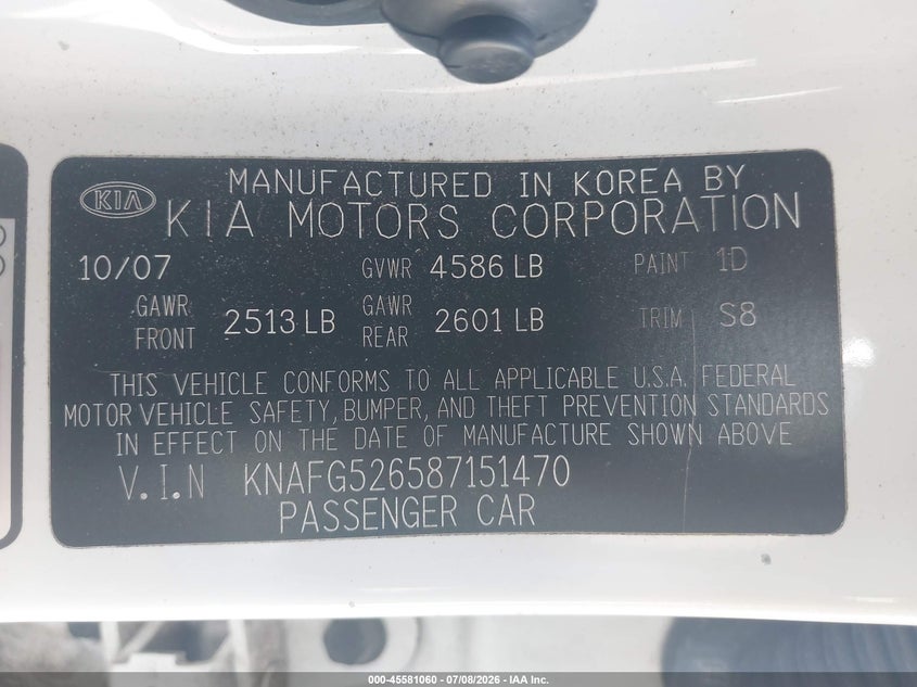 2008 Kia Rondo Lx V6 VIN: KNAFG526587151470 Lot: 45581060