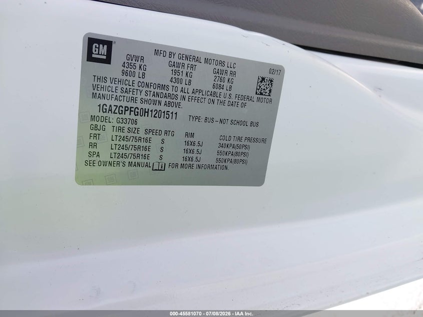 CHEVROLET EXPRESS 3500 2017 VIN 1GAZGPFG0H1201511