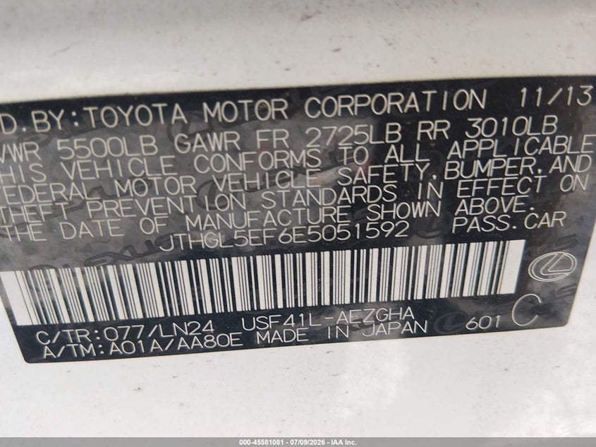 2014 Lexus Ls 460 L VIN: JTHGL5EF6E5051592 Lot: 45581081