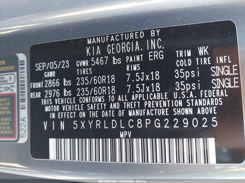 2023 Kia Sorento X-Line S VIN: 5XYRLDLC8PG229025 Lot: 45581082