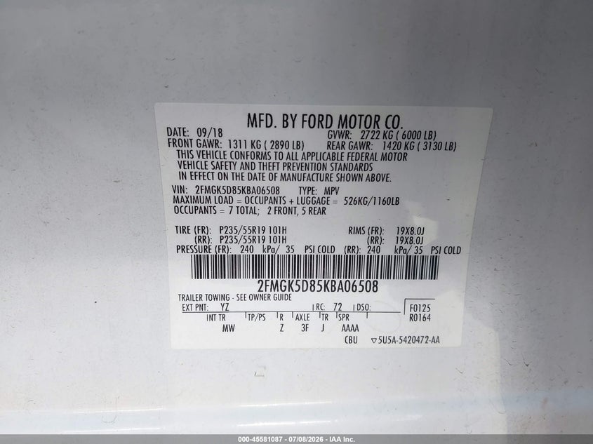 2019 Ford Flex Limited VIN: 2FMGK5D85KBA06508 Lot: 45581087