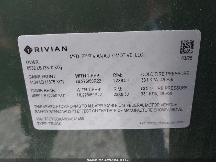 2025 Rivian R1T Adventure Dual Motor Large Pack/Adventure Dual Motor Max Pack VIN: 7FCTGBAA9SN041450 Lot: 45581097