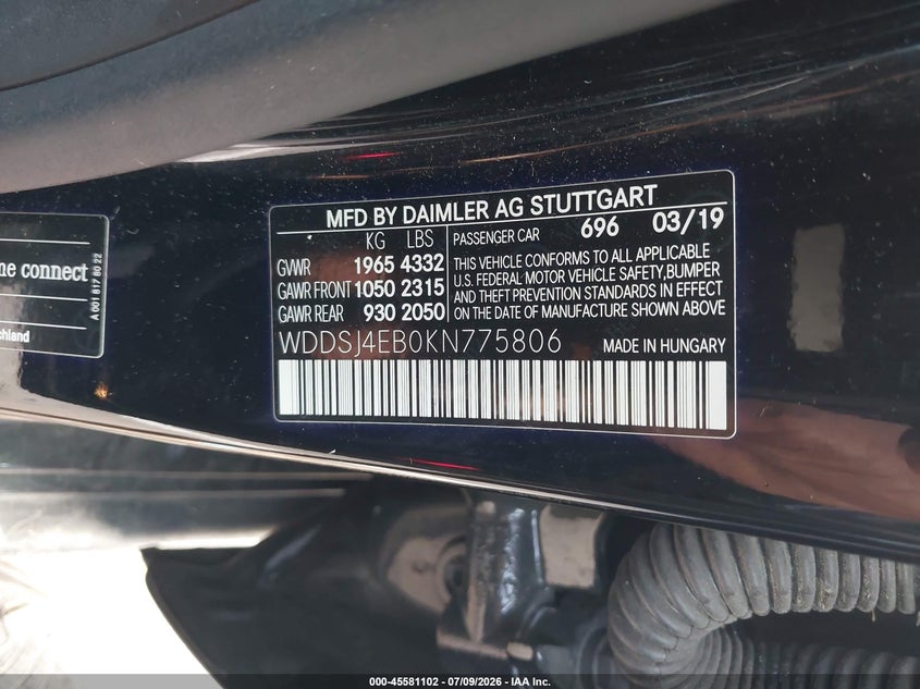 2019 Mercedes-Benz Cla 250 VIN: WDDSJ4EB0KN775806 Lot: 45581102