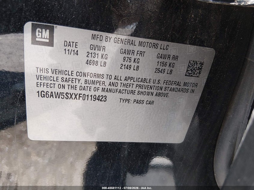 2015 Cadillac Cts Standard VIN: 1G6AW5SXXF0119423 Lot: 45581112