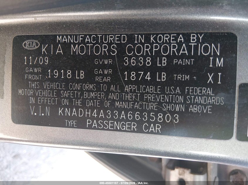 2010 Kia Rio Lx VIN: KNADH4A33A6635803 Lot: 45581187