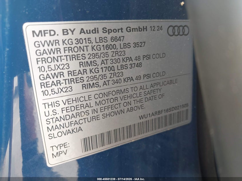 2025 Audi Rs Q8 Quattro Tiptronic VIN: WU1ARBF16SD021505 Lot: 45581239