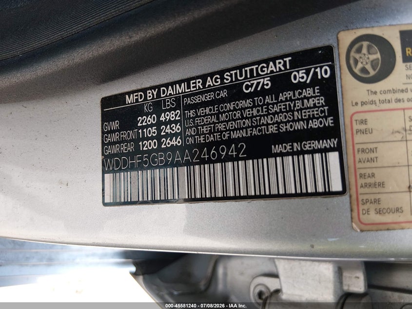 2010 Mercedes-Benz E 350 VIN: WDDHF5GB9AA246942 Lot: 45581240