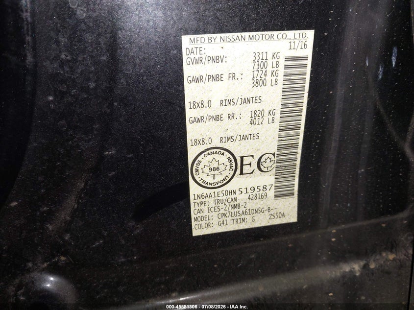 2017 Nissan Titan Platinum Reserve/Pro-4X/S/Sl/Sv VIN: 1N6AA1E50HN519587 Lot: 45581306